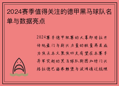 2024赛季值得关注的德甲黑马球队名单与数据亮点